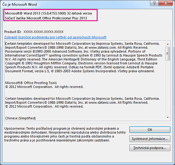 Okno O programe Word 2013