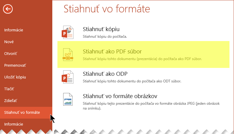 Vyberte položky Súbor > Stiahnuť vo formáte > Stiahnuť ako PDF súbor.