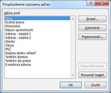 Dialógové okno Zoznam adries – prispôsobenie