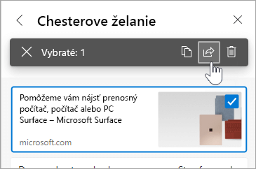 Snímka obrazovky so začiarkavacím políčkom a tlačidlom Zdieľať