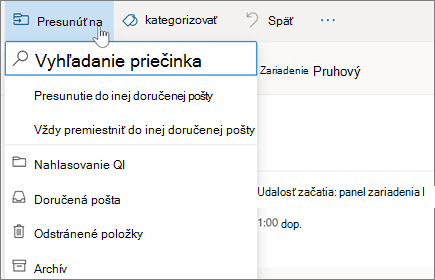 Premiestnenie e-mailu do priečinka v Outlooku na webe