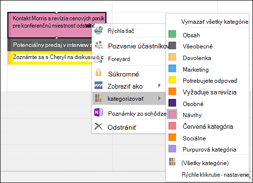 Môžete kliknúť pravým tlačidlom myši na plánovanú činnosť a priradiť kategóriu.
