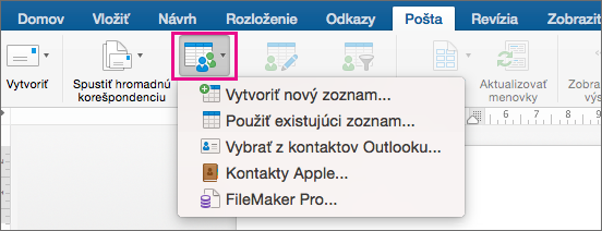 Karta Korešpondencia so zvýraznenou položkou Vybrať príjemcov so zoznamom možností