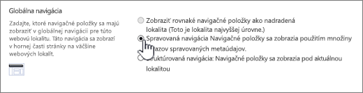 Nastavenia globálnej navigácie s vybratou položkou Spravovaná navigácia