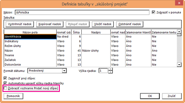 Table Definition dialog box