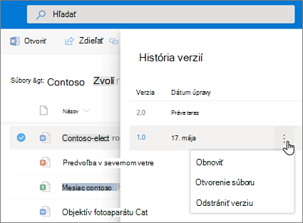 Snímka obrazovky obnovovania súborov vo OneDrive for Business z histórie verzií na table s podrobnosťami moderného rozhrania