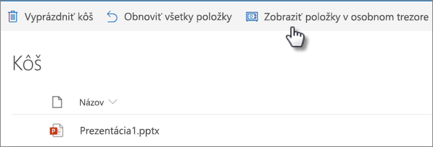 Zobrazenie koša vo OneDrive so zobrazením možnosti Zobraziť položky osobného trezoru