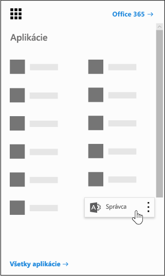 Spúšťač aplikácií služieb Office 365 so zvýraznenou aplikáciou Správca