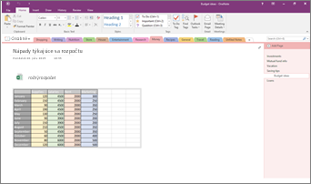 Snímka obrazovky s poznámkovým blokom vo OneNote 2016 s vloženým excelovým tabuľkovým hárkom.