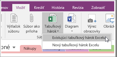 Snímka obrazovky zobrazujúca tlačidlo vloženia tabuľkového hárka vo OneNote 2016.