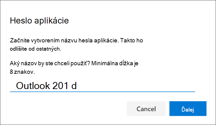 Snímka obrazovky so stránkou "Heslo aplikácie" so zadaným názvom aplikácie