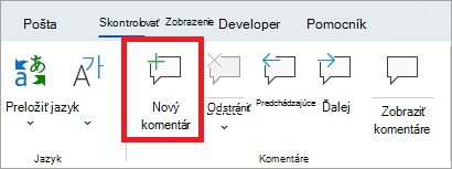 Tlačidlo Nový komentár na páse s nástrojmi Revízia.