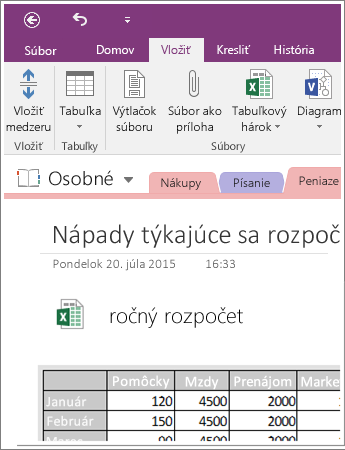 Snímka obrazovky s vloženým tabuľkovým hárkom vo OneNote 2016.