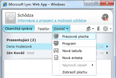 Ponuka Zdieľať v aplikácii Lync Web App