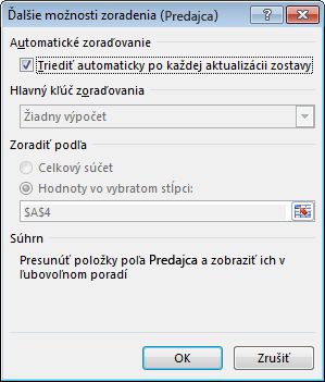 Dialógové okno Ďalšie možnosti zoradenia