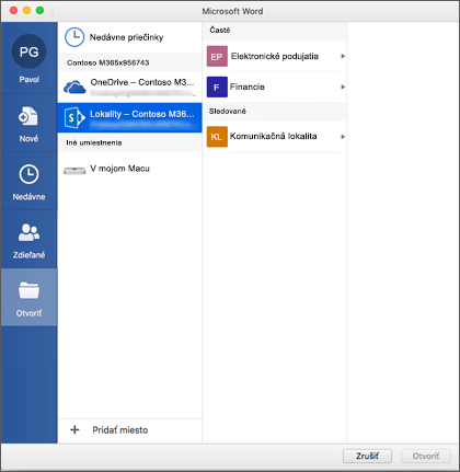 Dialógové okno Otvorenie súboru v Microsoft Word pre Mac pre Office 365