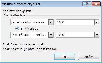 Dialógové okno Vlastný automatický filter