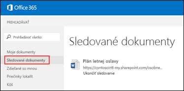 Snímka obrazovky dokumentov uložených vo OneDrive for Business, ktoré sledujete v službách Office 365.