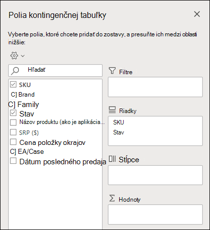 Polia kontingenčnej tabuľky v Exceli pre web