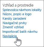 Časť nastavení Vzhľad a prostredie s vybratou položkou Navigácia