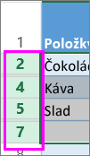 výber rozsahu hlavičiek, ktoré ohraničujú skryté riadky alebo stĺpce