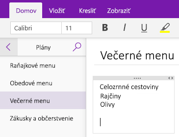 Snímka obrazovky kontajnera na poznámky na strane vo OneNote