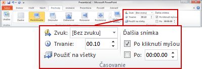 Skupina Časovanie na karte Prechody na páse s nástrojmi programu PowerPoint 2010.