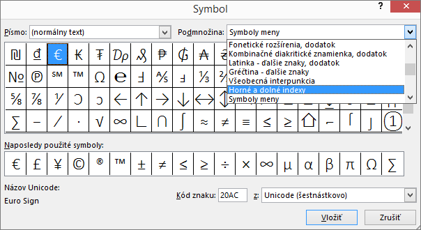 Podmnožina dolných a horných indexov v dialógovom okne Symbol v PowerPointe