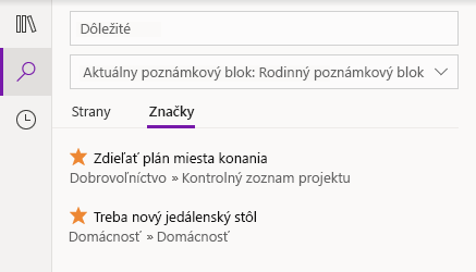 Výsledky vyhľadávania značiek vo OneNote pre Windows 10