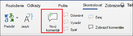 Tlačidlo Nový komentár na páse s nástrojmi