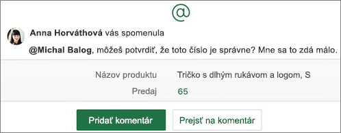 Tabuľkový hárok so @zmienkou a tlačidlami Pridať komentár a Prejsť na komentáre