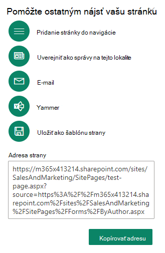 Môžete skopírovať adresu novej stránky a potom ju zdieľať s ostatnými.