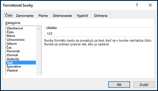 Dialógové okno Formát buniek zobrazujúce kartu Číslo so zvolenou možnosťou Text