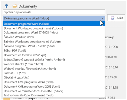 Kliknite na rozbaľovaciu ponuku s typmi súborov a vyberte iný formát súboru pre dokument