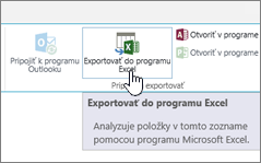 Tlačidlo Exportovať do Excelu zvýraznené na páse s nástrojmi v SharePointe