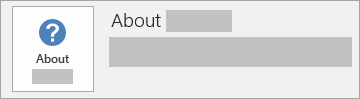 Snímka obrazovky s tlačidlom About Office (Informácie o Office) inštalácie pomocou MSI. Neobsahuje verziu ani číslo zostavy