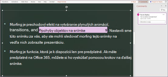 Komentár ukotvený textom na snímke