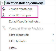 Možnosti zoradenia vzostupne a zostupne