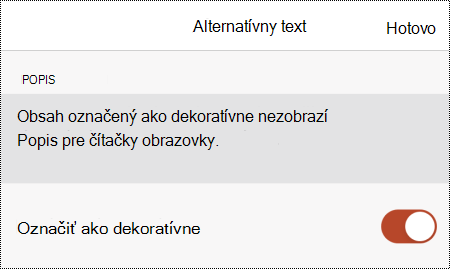 Možnosť Označiť ako dekoratívne vybratá v dialógovom okne Alternatívny text v PowerPointe pre iOS.