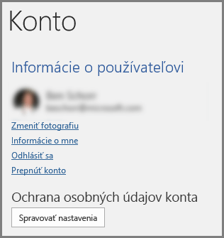 Panel Konto zobrazujúci tlačidlo Ochrana osobných údajov konta, Spravovať nastavenia