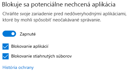 Ovládací prvok blokovania potenciálne nechcenej aplikácie vo Windowse 10.