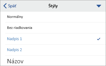 Dialógové okno Štýly s vybratou položkou Nadpis 1.