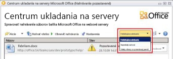 Centrum ukladania na servery Office so zobrazenými položkami čakajúcimi na nahratie