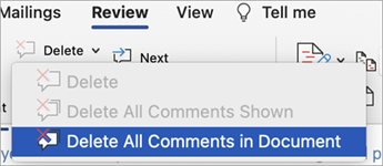 Ponuka komentárov pre tlačidlo Odstrániť je rozbalená a je vybratá možnosť Odstrániť všetky komentáre v dokumente.