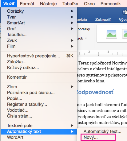 Ponuka Vložiť s položkami Automatický text > Nový je zvýraznená.