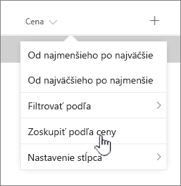 Možnosť Zoskupiť podľa v ponuke hlavičky stĺpca
