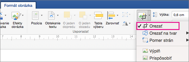 Na karte Formátovať obrázok je zvýraznená možnosť Orezať.