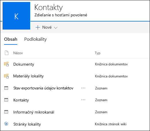 Stránka podlokality SharePointu obsahujúca zoznamy z exportovanej webovej aplikácie Accessu