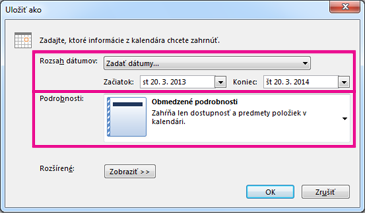 Uloženie kalendára – výber podrobností