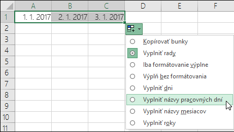 Použitie rukoväte Výplň na vytvorenie zoznamu sekvenčných dátumov